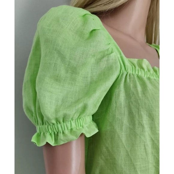 SLEEPER DRESS BRIGETTE GREEN LINEN BELT PUFF SLEEVES MIDI  SMALL - Picture 5 of 16